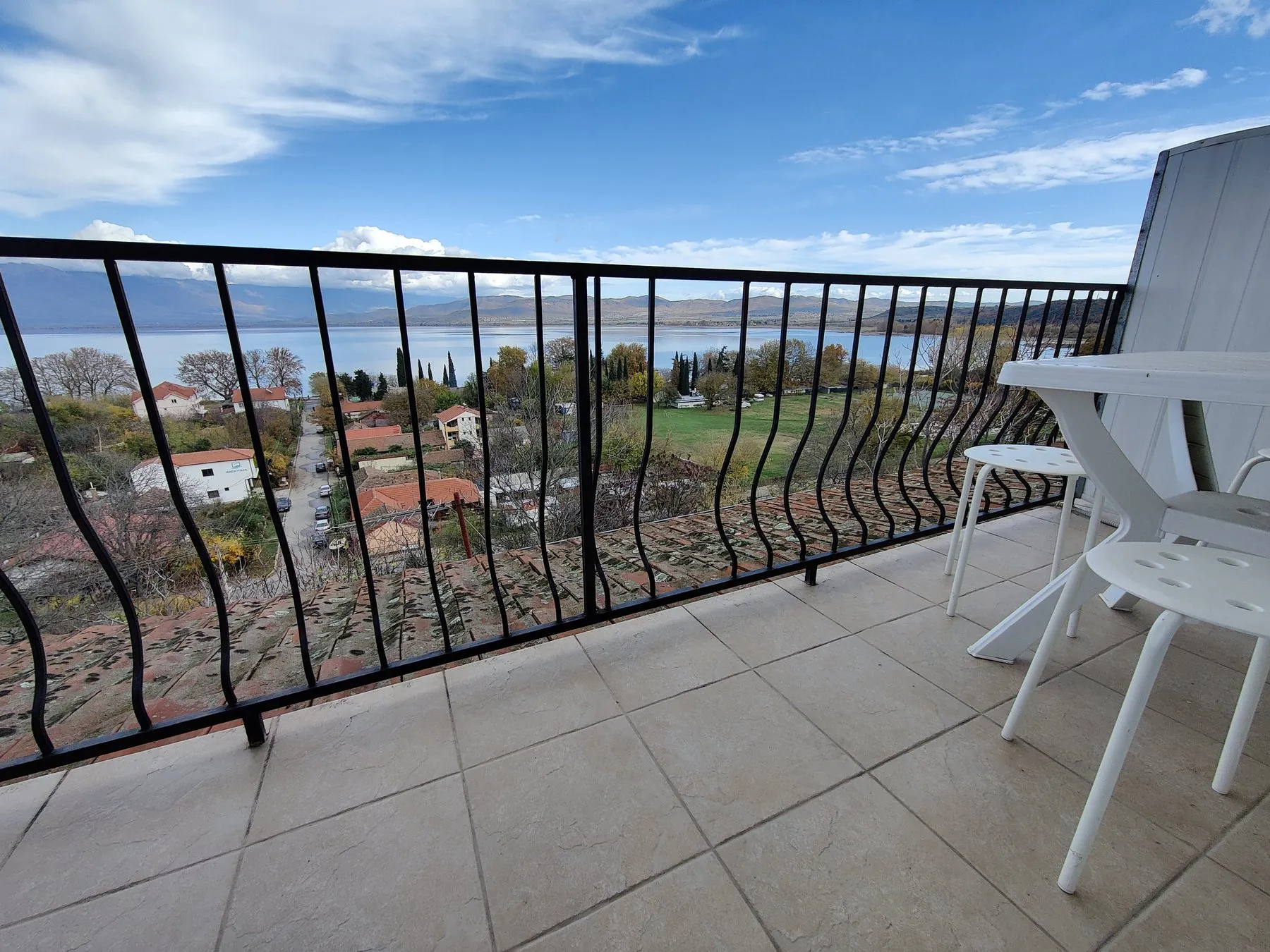 Private balcony overlooking Lake Dojran and the surrounding hills